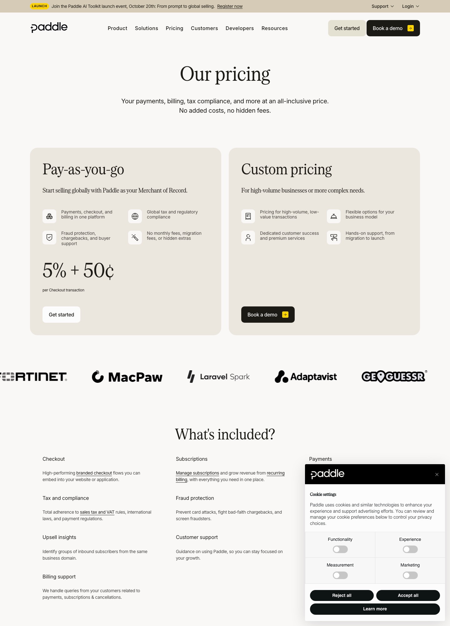 Paddle pricing page, captured Oct 2026